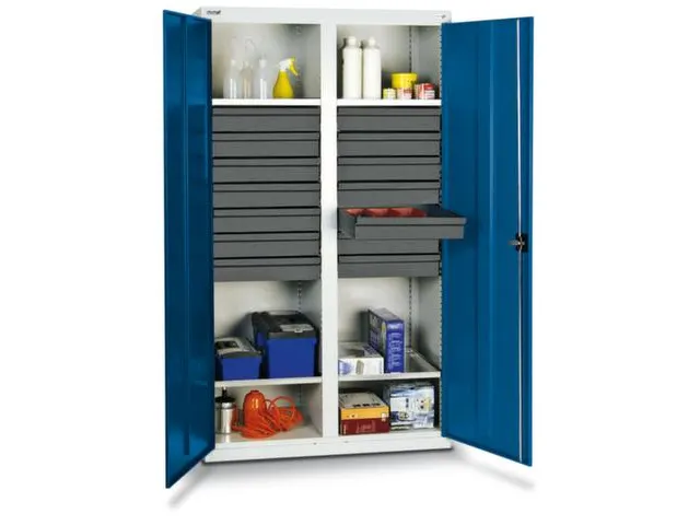 Materiaalkast 1800x1000x500mm 4legborden Uitschuifbaar 14laden Ral5010