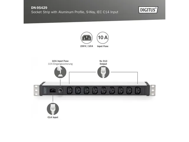 Stekkerdoos Met Aluminium Profiel, 9-voudig, IEC C14 ingang 10 A-zeker