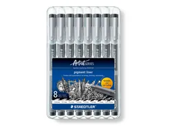 Fineliner Staedtler Pigment 308 zwart 8 stuks assorti lijnbreedtes