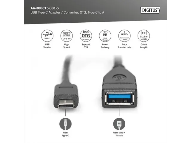 USB Type-C-adapterkabel OTG Type-C-A St/Bu 0,15m 3A 5GB 3.0-versie zwa