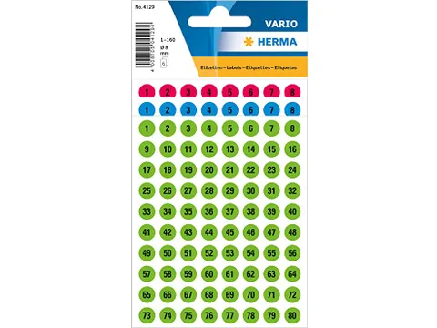 Etiket Herma 4129 Rond 8mm Getallen 1-160 Kleur Assorti 6 vel