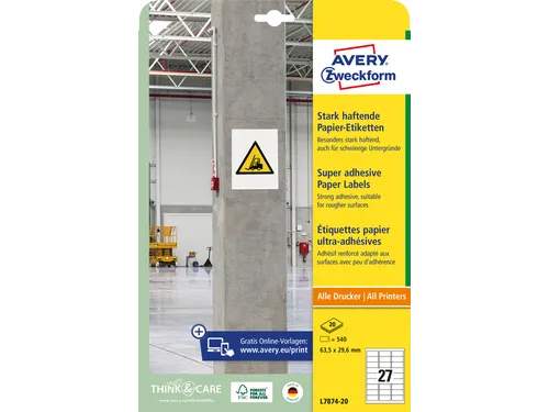 Avery Zweckform L7874 Sterk klevende etiketten A4 63,5x29,6mm 540 stuk