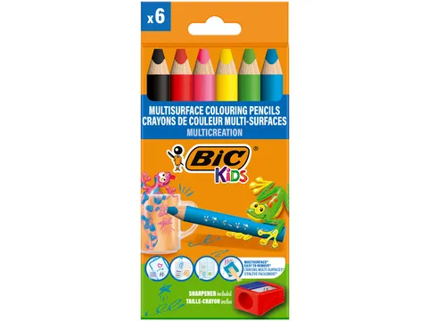 Kleurpotloden BicKids Multi Surface + puntenslijper assorti 6 stuks