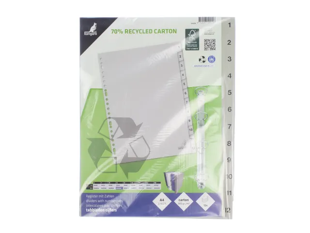Tabblad ECO Kangaro A4 cijfers 180 grams grijs karton 23-gaats 12-deli