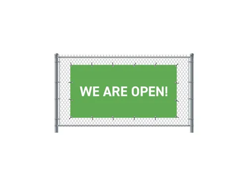 Hekwerkbanner 200x100 cm Groen met Engelse Print We Are Open