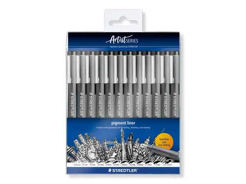 Fineliner Staedtler Pigment 308 zwart set à 12 lijnbreedtes