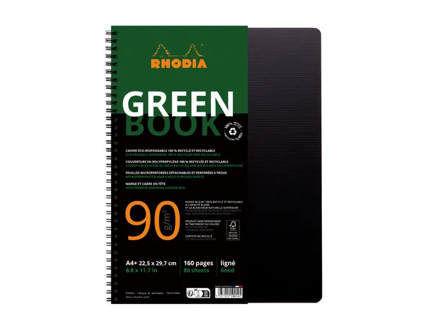 Notitieboek Rhodia Greenbook A4+ lijn 4-gaats 180 pagina's 90gr zwart