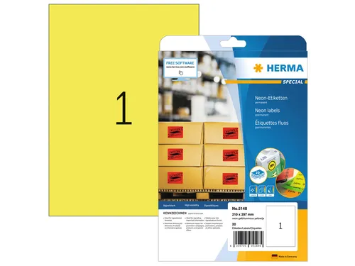 HERMA 5148 Gekleurde etiketten A4 210x297mm Neon Geel 20 stuks
