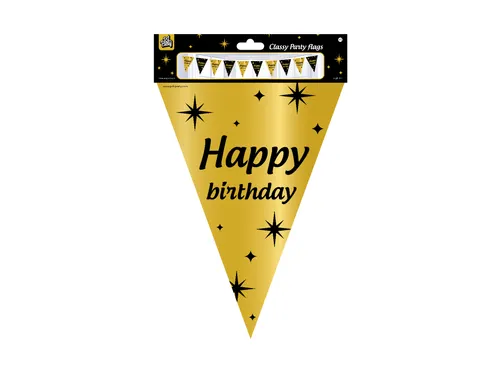 Slinger Folie vlaggen Party Flag Foil 'Happy Birthday' Goud-Zwart 10m
