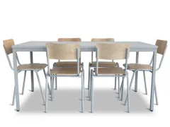 Kantineset,6Stoelen,1Tafel,Zitting Beuken Multiplex Natuur,Blad Grijs