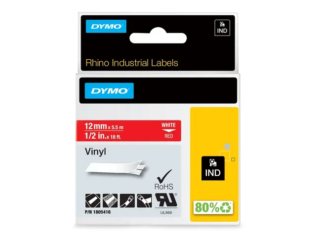 Labeltape Dymo Rhino 1805416 Vinyl 12mmx5.5m Wit op Rood