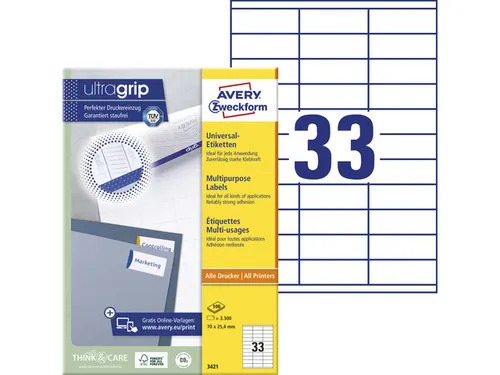 etiket Avery ILK 70x25,4mm 100 vel 33 etiketten per vel wit