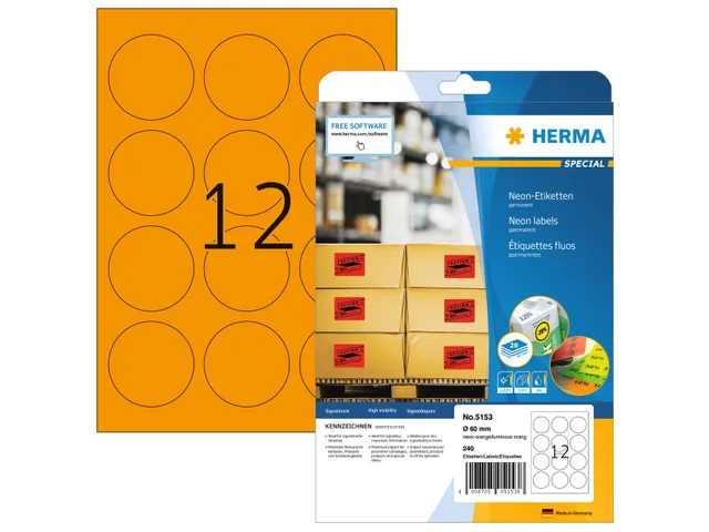 HERMA 5153 Gekleurde etiketten A4 Rond 60mm Neon Oranje 240 stuks