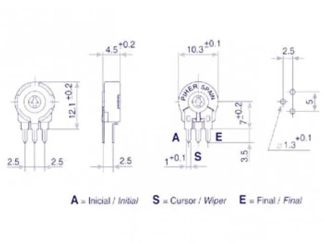 Piher Instelpotmeter 10K (S Serie - Verticaal - Voor Spindel)