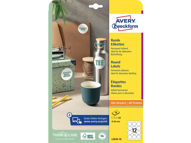 Etiket Avery L3416-10 rond 60mm wit 120stuks