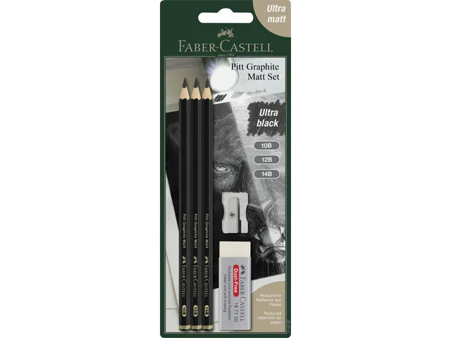 Grafietpotlood Faber-Castell Pitt Mat set 3 potl.10B,12B,14B, 1 gum, 1