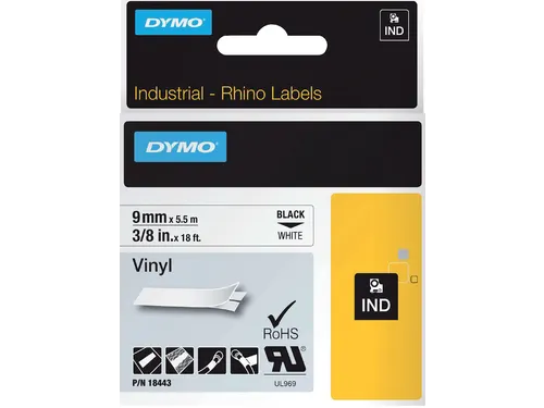 Labeltape Dymo Rhino 18443 Vinyl 9mmx5.5m Zwart Op Wit