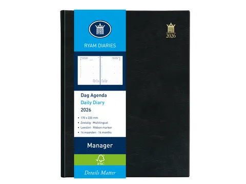 Agenda 2026 Ryam Manager Mundior 1dag/1pagina zwart