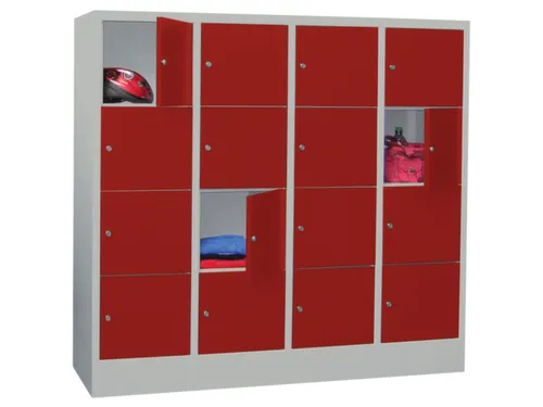 lockerkast,HxBxD 1518x1600x500mm,4x4vakken,RAL7035,front RAL3000