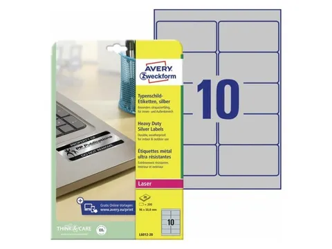 laseretiket Avery 96x50,8mm 20 vel 10 etiketten per vel zilver