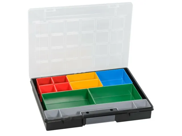 Bak voor kleine onderdelen,HxBxD 55x370x295mm,9bakken,PP,koffer zwart