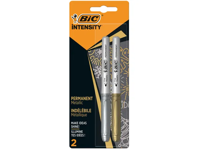 Viltstift Bic Intensity rond perm F mtl zilver en goud blister à 2st