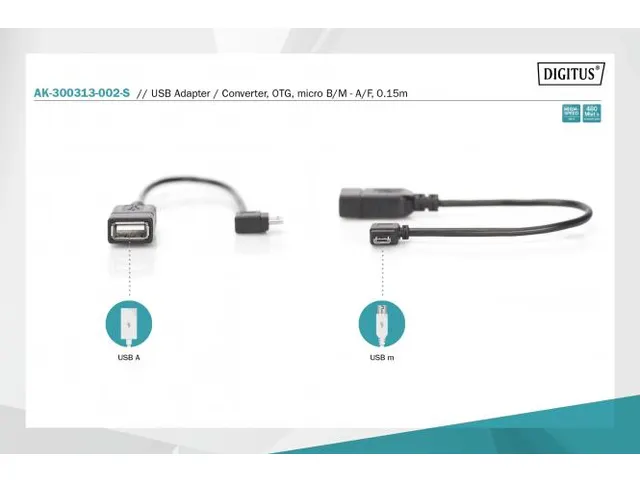 USB-adapter/converter OTG micro B/St - A/Bu 0,15m haaks zwart