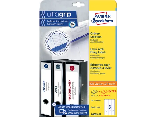 Rugetiket Avery Zweckform Breed/lang 297x59mm Wit L6059 90 stuks