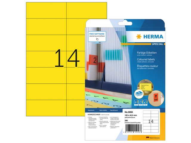 Etiket Herma A4 5058 105X42.3Mm Verwijderbaar Geel 280Stuks | HermaLabels.be