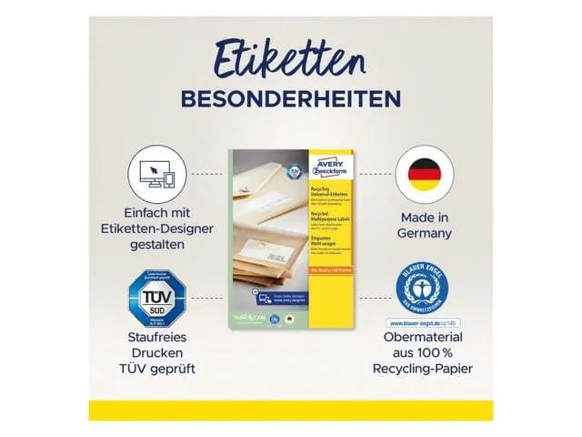 Etiquettes Recyclées Avery multi-usage, 210 x 297 mm