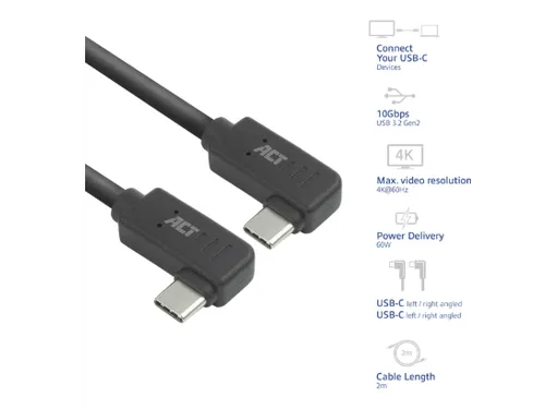 Kabel ACT USB-C hoek links/rechts 10Gbps 2m