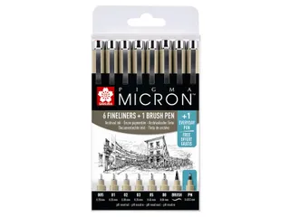 Fineliner Sakura Pigma Micron 6 schrijfbreedtes, brushpen en PN zwart - 1