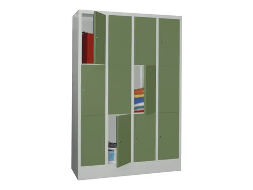 lockerkast,HxBxD 1850x1200x500mm,4x3vakken,RAL7035,front RAL6011