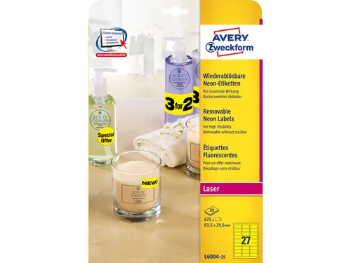 laseretiket Avery 63,5x29,6mm 25 vel 27 etiketten per vel neongeel