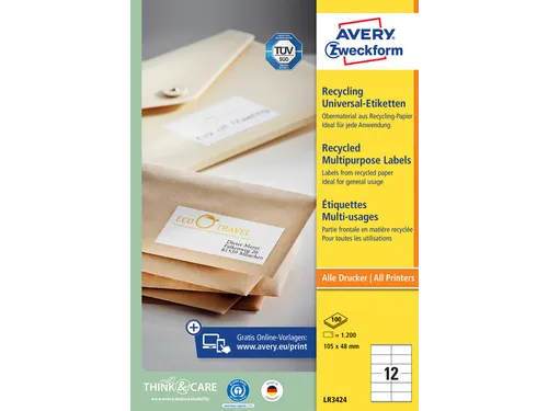 Etiket Avery Zweckform LR3424 105x48mm recycled Wit 1200 stuks