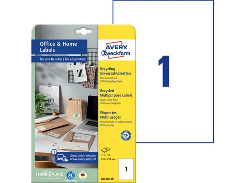 Etiket Avery Zweckform LR3478-10 210x297mm recycled Wit 10 stuks