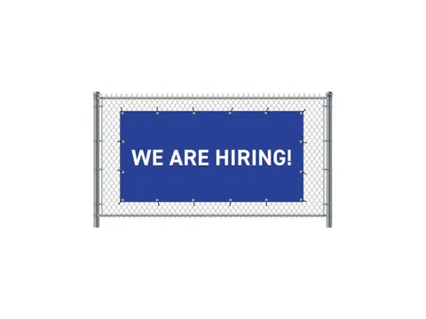 Hekwerkbanner 200x100 cm Blauw met Engelse Print WE ARE HIRING