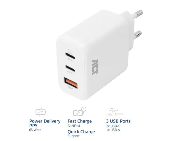 Oplader ACT 65W 3-poorts USB-C USB-A PD QC Ganfast