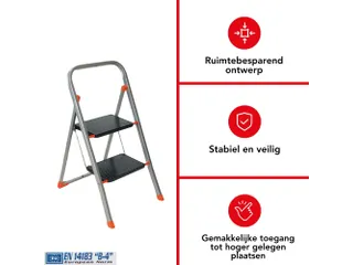 Huishoudtrap met hoge beugel 2 treden antislip inklapbaar tot 150 kg - 4