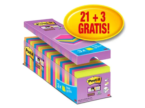 Memoblok 3M Post-it 654 Super Sticky 76x76mm 21+3 gratis assorti