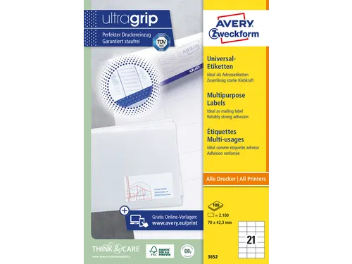 Etiket Avery Zweckform 3652 70x42.3mm wit 2100stuks