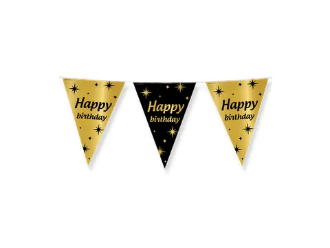 Slinger Folie vlaggen Party Flag Foil 'Happy Birthday' Goud-Zwart 10m