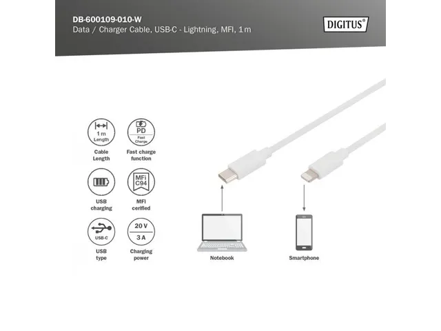 Gegevens-/oplaadkabel Lightning USB-C M/M 1m PVC MFI Wit 20V/3A 60W