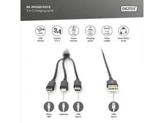 USB-oplaadkabel 1m 3-in-1 Kabel Nylon Gevlochten Zwart - 9