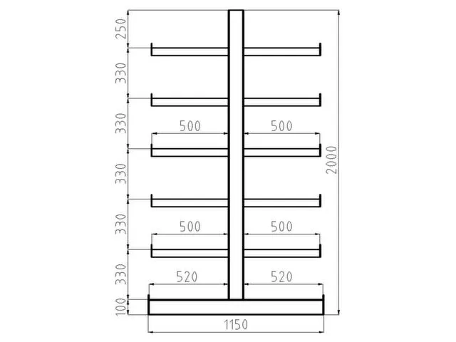 Draagarmstelling Dubbelzijdig 2000x4050x1150mm 6gelijk Lange Armen