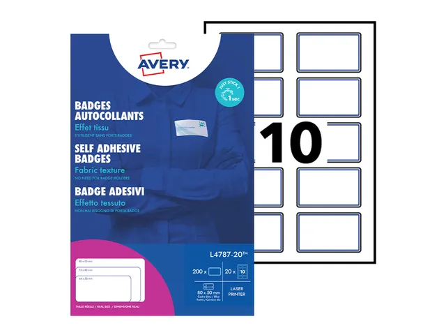 Naambadge etiket Avery L4787 80x50mm Blauw kader Laserprinter 200stuks