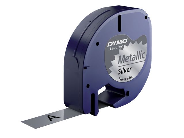 Labeltape Dymo Letratag 91208 Metallic 12mm Zwart Op Zilver S0721730 | DymoEtiket.nl