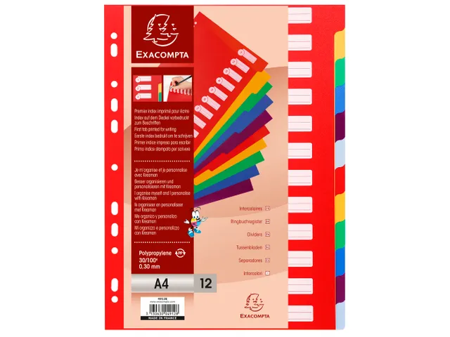 Intercalaires polypropylène opaque semi rigide 12 positions - A4 - Co
