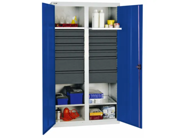 Materiaalkast 1800x1000x500mm 4legborden Uitschuifbaar 12laden Ral5010