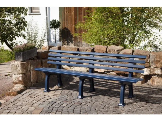Kunststofbank 740x2000x380mm Zit H 440mm 9 Latten 3 Pootstellen Blauw